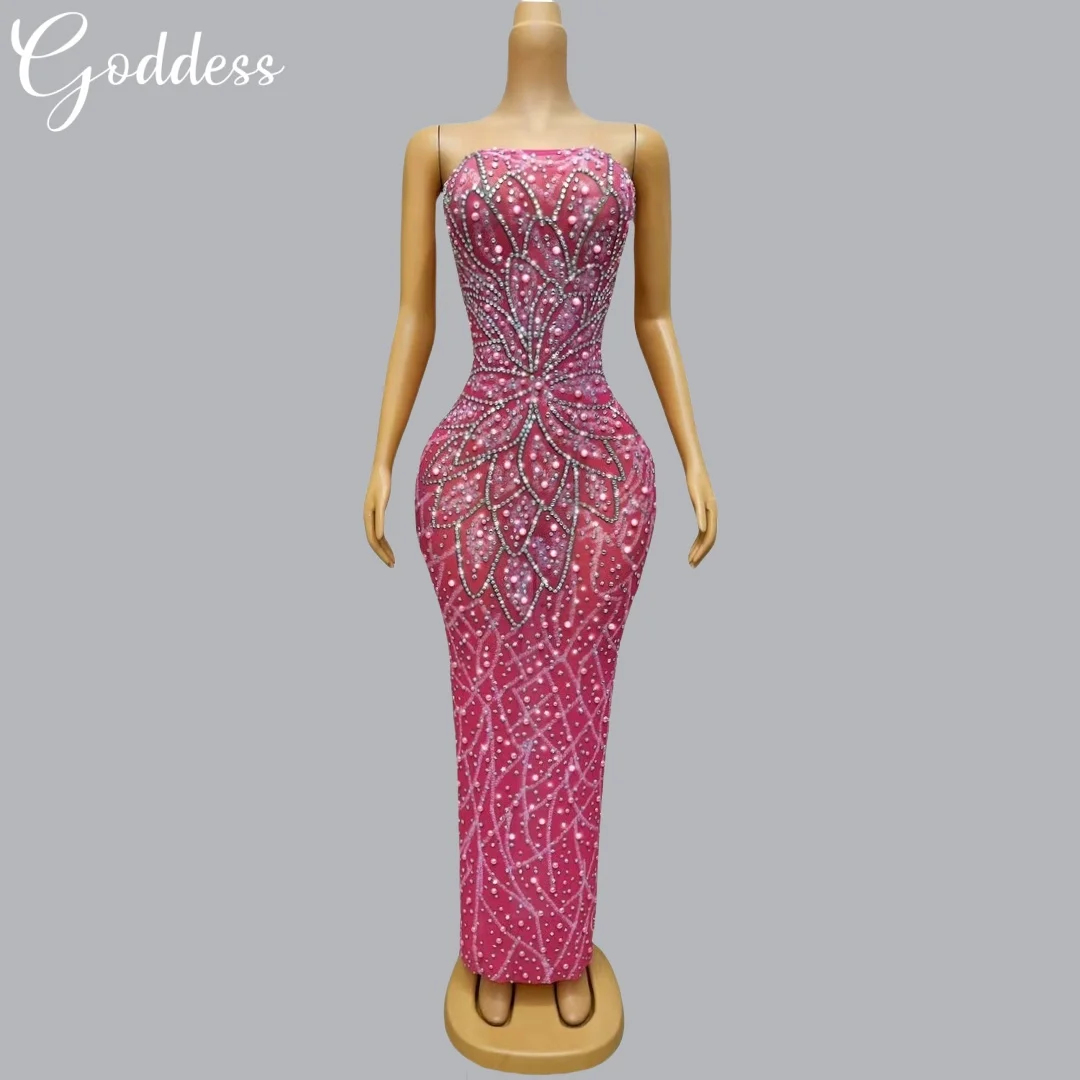 

Pink Elegant Evening Dress for Woman Club Luxury Strapless Gown Girls Birthday Dinner Party Bodycon Sexy Bright Rhinestone Dress