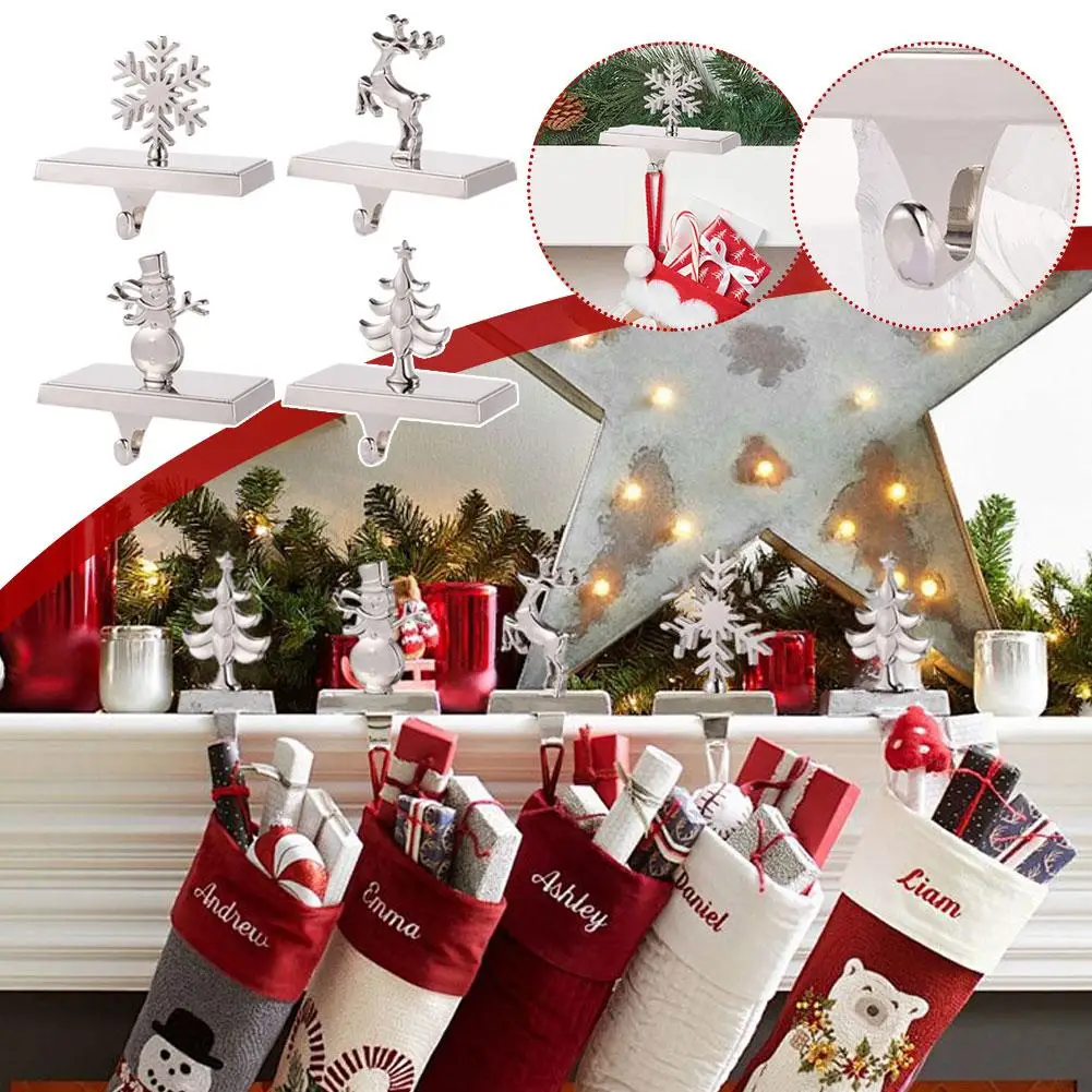 Christmas Stocking Holders Mantel Hooks Hanger Snowflake Reindeer Fireplace Hook Safety Hang Grip Stockings Clip for Christ O6S5