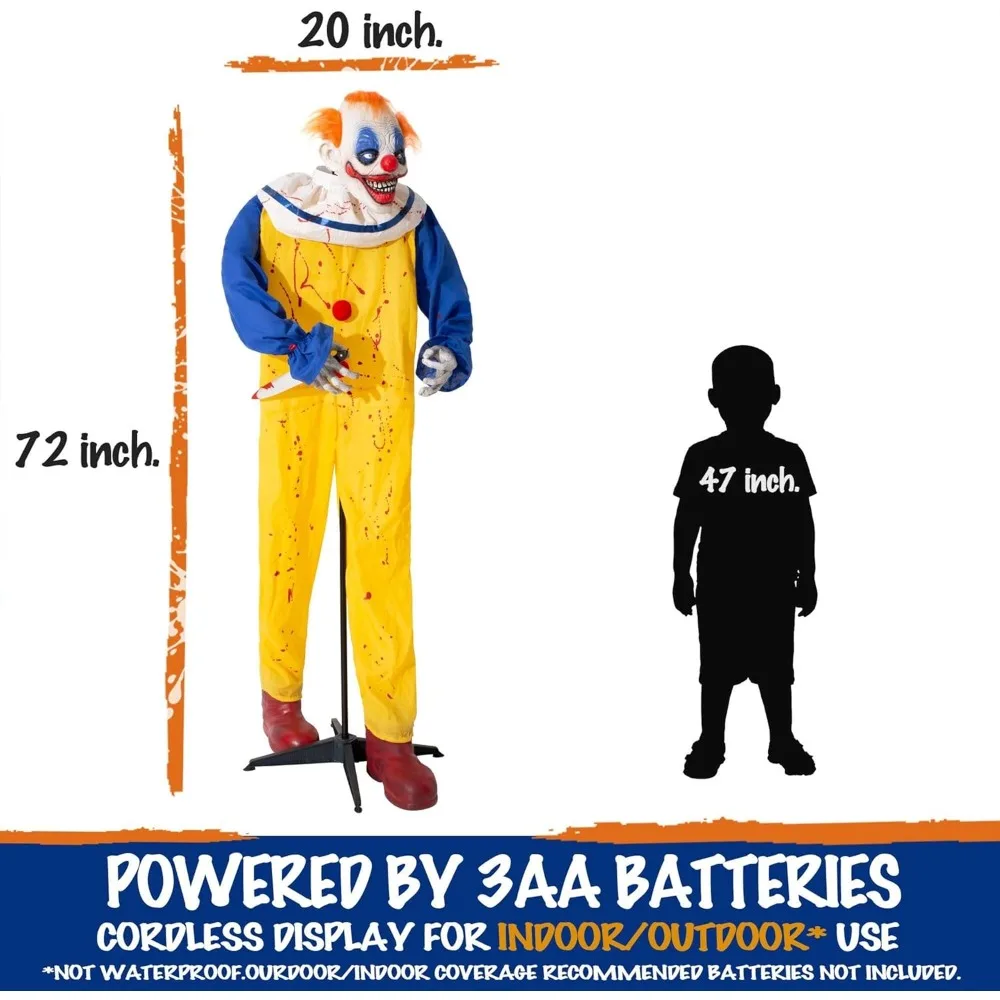 Clown Halloween Decoration, 72 Inch Dynamic Standing Sensor,Creepy Sound and Action with Illuminating Eyes, Halloween Decoration