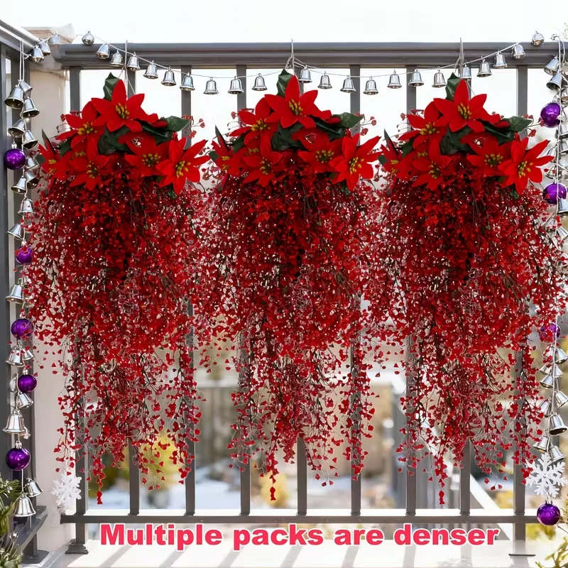 4 قطع من البونسيتة مع مجموعة كرمة الصفصاف الذهبية - زهور محاكاة بلاستيكية مناسبة لجميع الأحوال الجوية وأوراق حمراء لعيد الميلاد في الهواء الطلق #1
