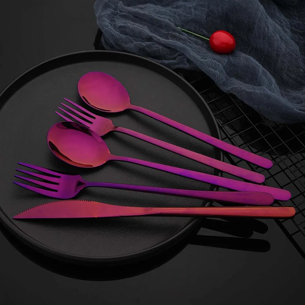 5Pcs Purple Dinnerware Set Western Tableware 18/10 Stainless Steel Dessert Fork Knife Spoon Cutlery Set Home Party Flatware Set