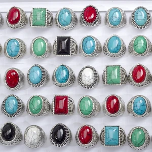 Grosir 30 Buah / Lot Cincin Batu Pirus Geometri Bohemia Antik untuk Pria Wanita Hadiah Pesta Perhiasan Warna Perak Antik Jari 12 opal biru penjualan terbaik - №