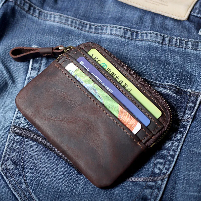 กระเป๋าสตางค์หนังแท้สไตล์เรโทร ทำมือ หนังเครซี่ฮอร์ส สำหรับผู้ชาย ทรงบาง มีซิป ใส่กุญแจ บัตรเครดิต ใส่เหรียญ กระเป๋าใบเล็ก