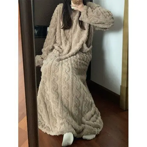 Winter Warm Sleepwear Dresses Thick Coral Velvet Long Bath Robes Solid Color Loose Homewear O-neck Nightgown Loungwear for Women