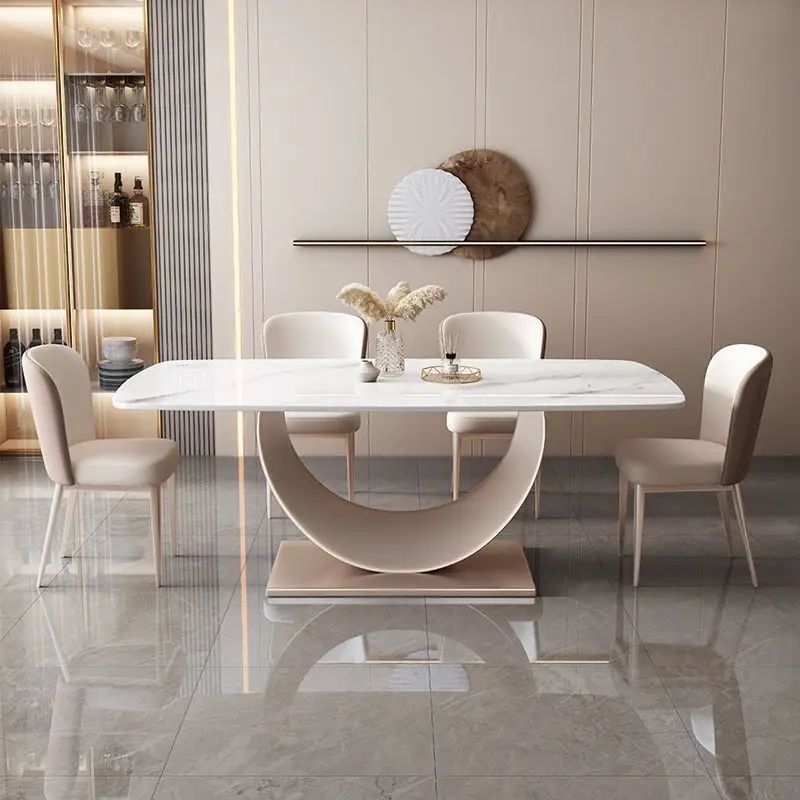 

#Modern Extendable Travertine Rectangle Dining Room Furniture Set Stainless Steel Legs 8 Chairs Eco-Friendly