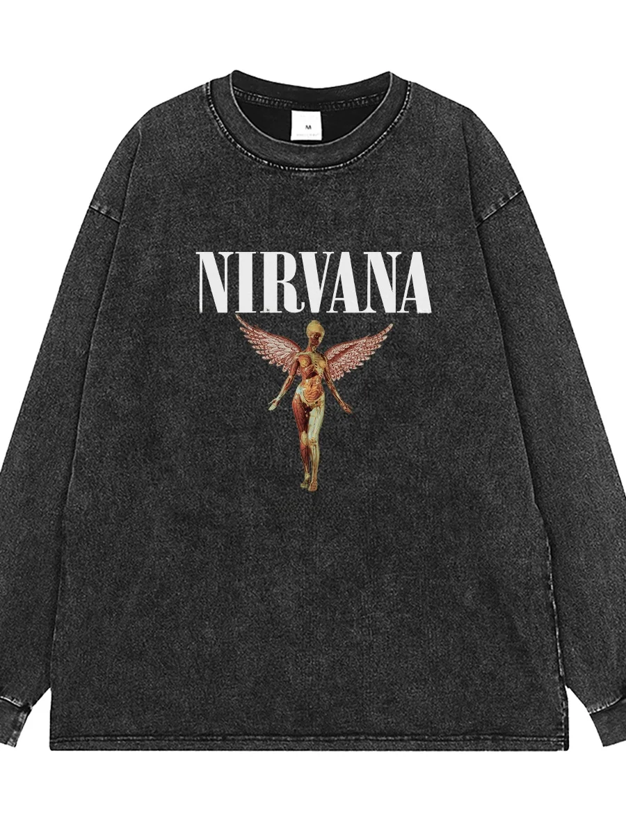Washed Vintage American Street Rock Long Sleeve T-Shirt Shoulder Oversized Angel Band  Loose Fit Youth Casual Cotton Tee