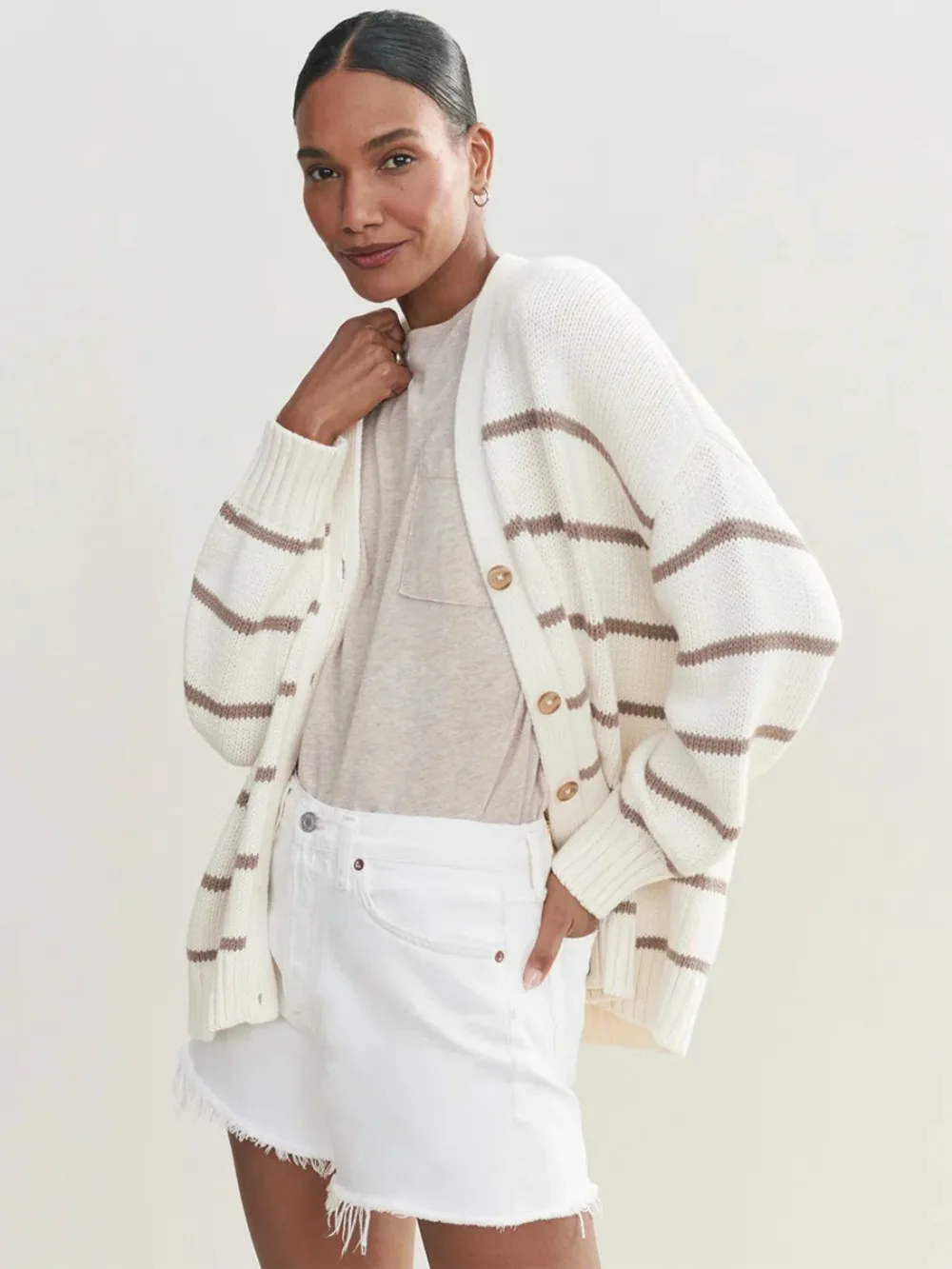 

Fashion Contrasting Striped Knitted Cardigan Sweater Autumn and Winter Women Elegant Slim Warm V-neck Cotton Casual Home Sweater
