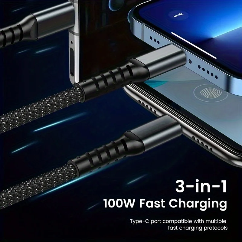 3 in 1 100w Super Fast Charging Cable, LED Indicator, Durable Nylon braiding, Charging Solution for Type-C, iPhone, and Android