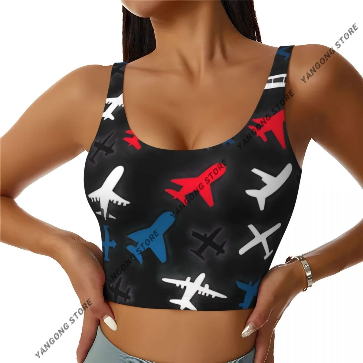 Yoga Vest Women Gym Sports Crop Tops Airport Planes Pattern Streetwear Workout Breathable Tank Top Female