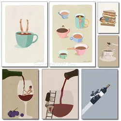Red Wine Coffee Sandwich Girl Funny Abstract Wall Art Poster Canvas Print Minimalist Kitchen Home Decoration Painting