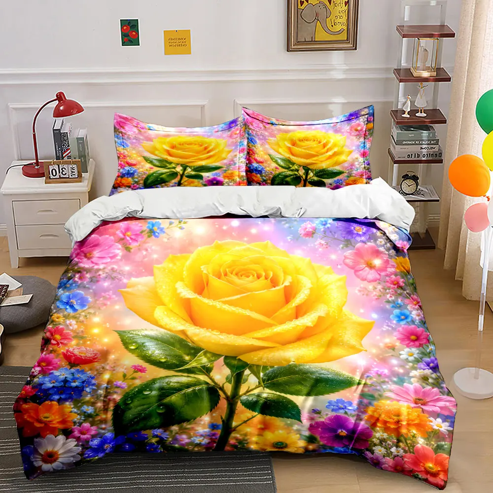 Yellow Rose and Colorful Blossoms Print Soft Comfortable Duvet Cover Bedding Set Included 1*Duvet Cover 2*Pillowcases