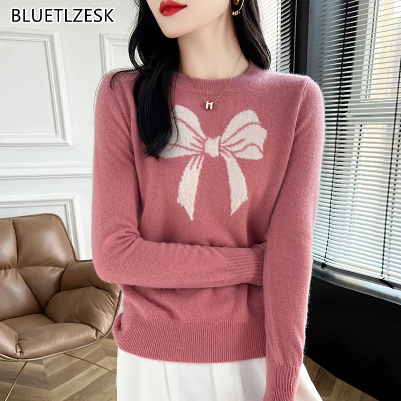 100% Merino Wool Cashmere Sweater Women Knit Pullover O-neck Embroidery Long Sleeve 2024 Autumn/Winter Korean Clothing Warm Tops