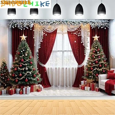 

Christmas Day New Year Party Photography Backdrops Prop Window Living Room Interior Xmas Tree Snow Theme Photo Background FN-07