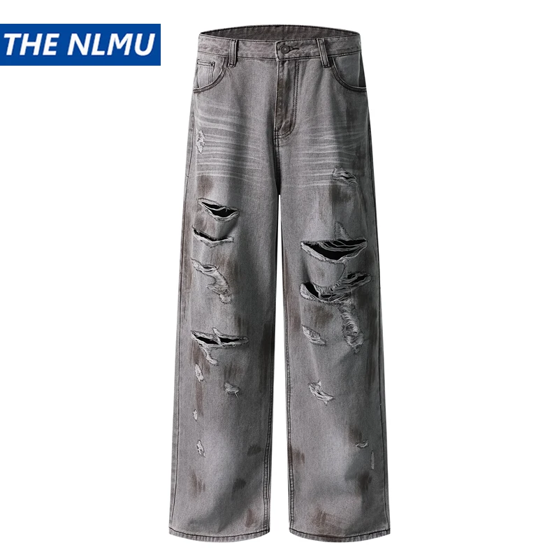 

Unisex Dirty Wash Hole Jeans Men Vintage Distressed Ripped Denim Pants Streetwear Hip Hop Loose Luxury Designer Straight Jeans