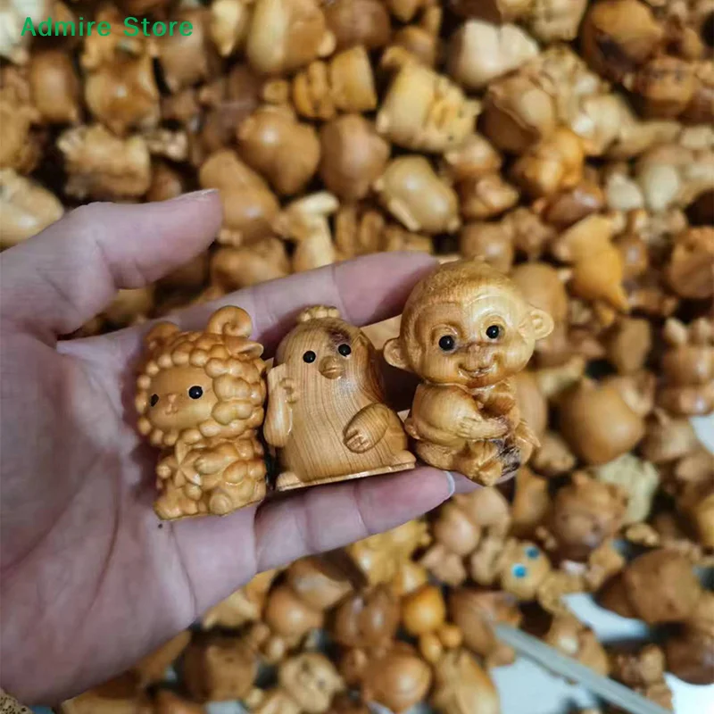 [G]1 Piece Children's Gift Ornaments Mini Wood Carving Chinese Zodiac Dog Tiger Dragon Cute Small Animal Statue Handicraft