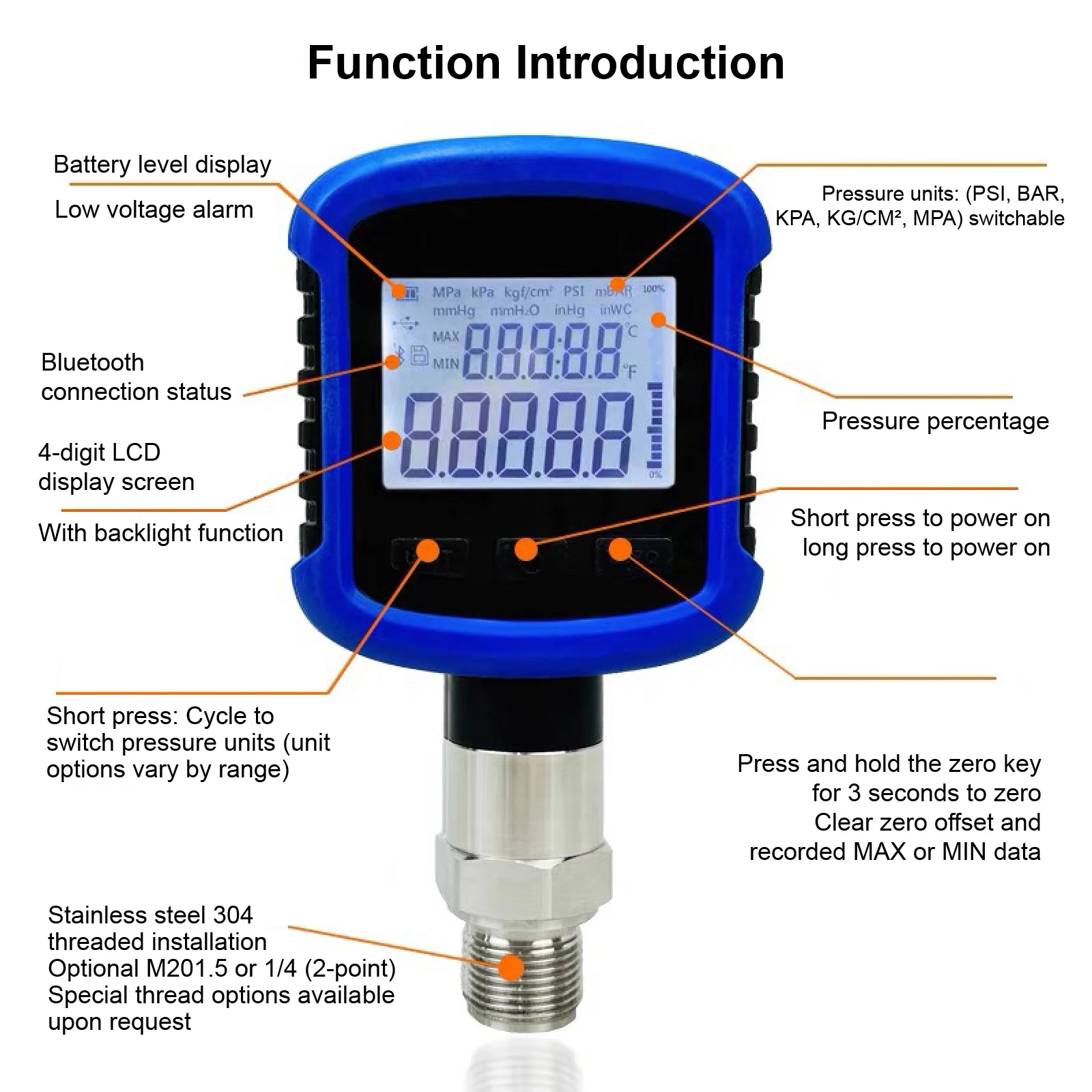 MD-S281 Vacuum Pressure Gauge LCD 330° Rotating Shockproof M20×1.5 G1/2 Data Logger Battery Powered