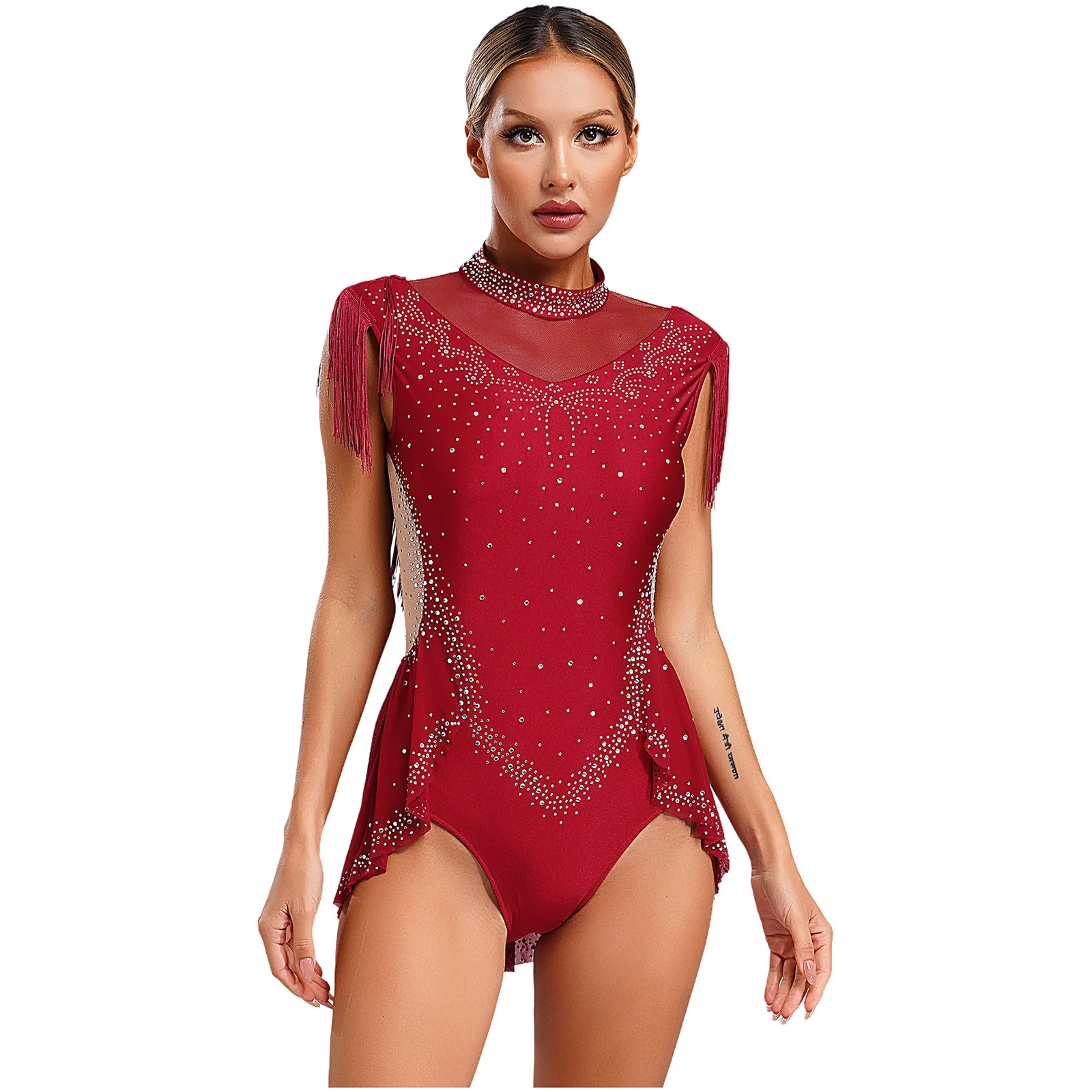 

Womens Shiny Rhinestones Tassel Latin Dance Leotard Mock Neck Sleeveless Sheer Mesh Patchwork Skirted Bodysuit Jazz Dancewear