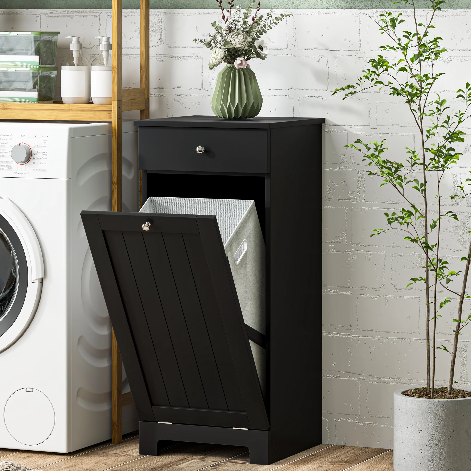 HOMCOM Laundry Cabinet with Removable Basket, Tilt Out Laundry Hamper with Drawer and Beadboard Door, Bathroom Hamper Cabinet, Black