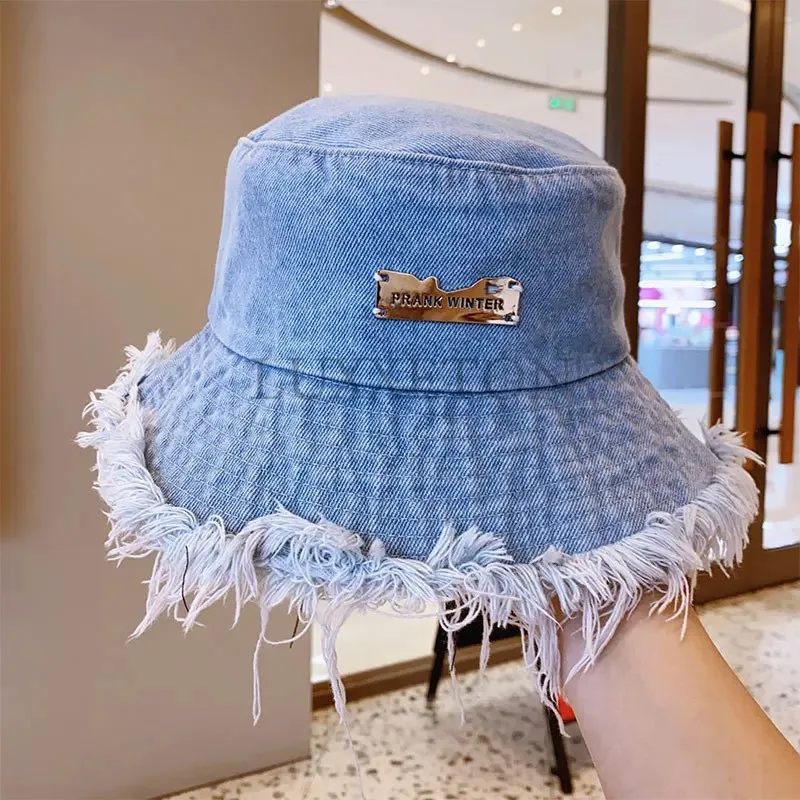 Summer Unisex Tassel Washed Denim Bucket Hats Fashion for Women Wide Brim Foldable Panama Cap Outdoor Beach Fisherman\'s Hat