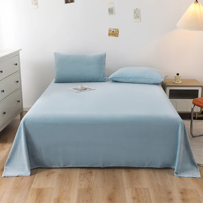 Solid Color Milk Velvet Bed Sheet and Pillowcases Winter Warm Thick Flannel Flat Bedsheet Sets Double Size Soft Plush Bedspread