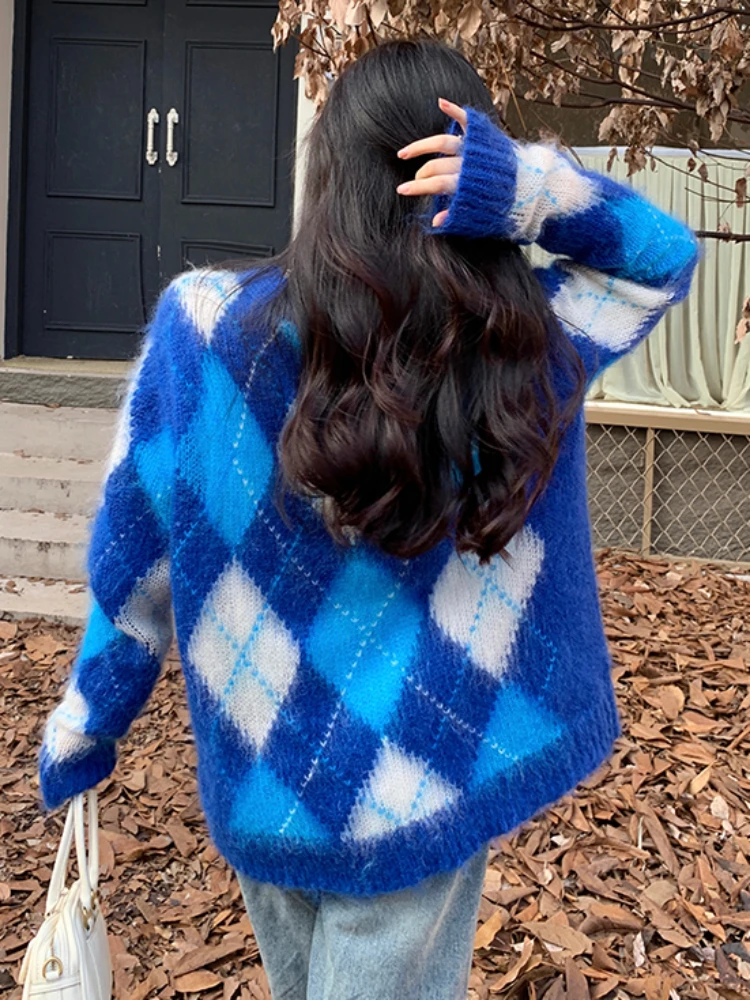 Retro Cardigans Women Chic Argyle Basic Loose College Streetwear Knitting Fashion Ins Popular Long Sleeved Clothing Unisex