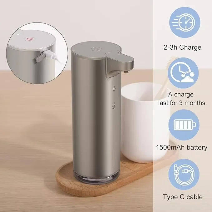 Modern automatic contactless rechargeable foam soap dispenser, silver 280ml wall-mounted stainless steel, for home hotel use 1