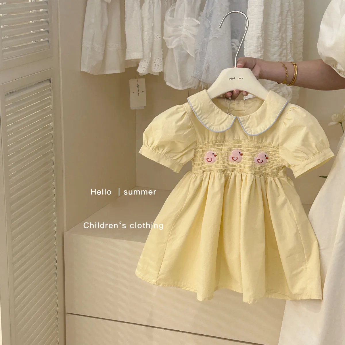 Girls' Summer Dress 2026 New Fashionable Children's Doll Neck Cotton Dress Cute Duck Embroidery