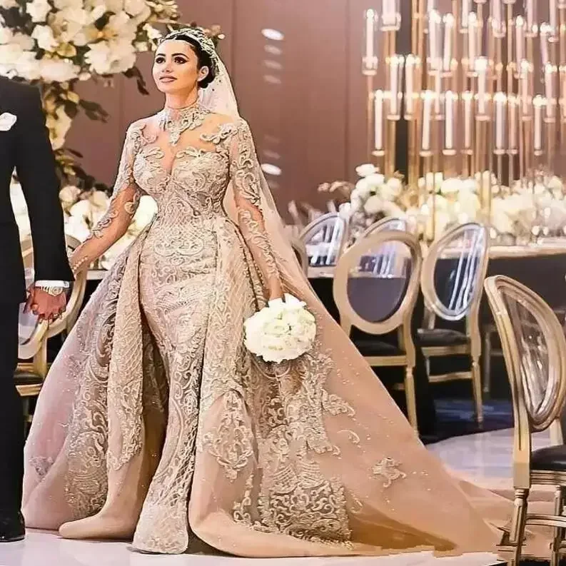 

Customized Arabic Dubai Gorgeous High Neck Long Sleeve Wedding Dress Mermaid Lace Appliques Detachable Train Bridal Gowns