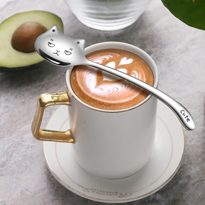 Funny Cat Spoons Cute Cartoon Meow Teaspoons For Coffee Dessert Cake Long Tail Spoon Birthday Gift Kitchen Tableware Accessories