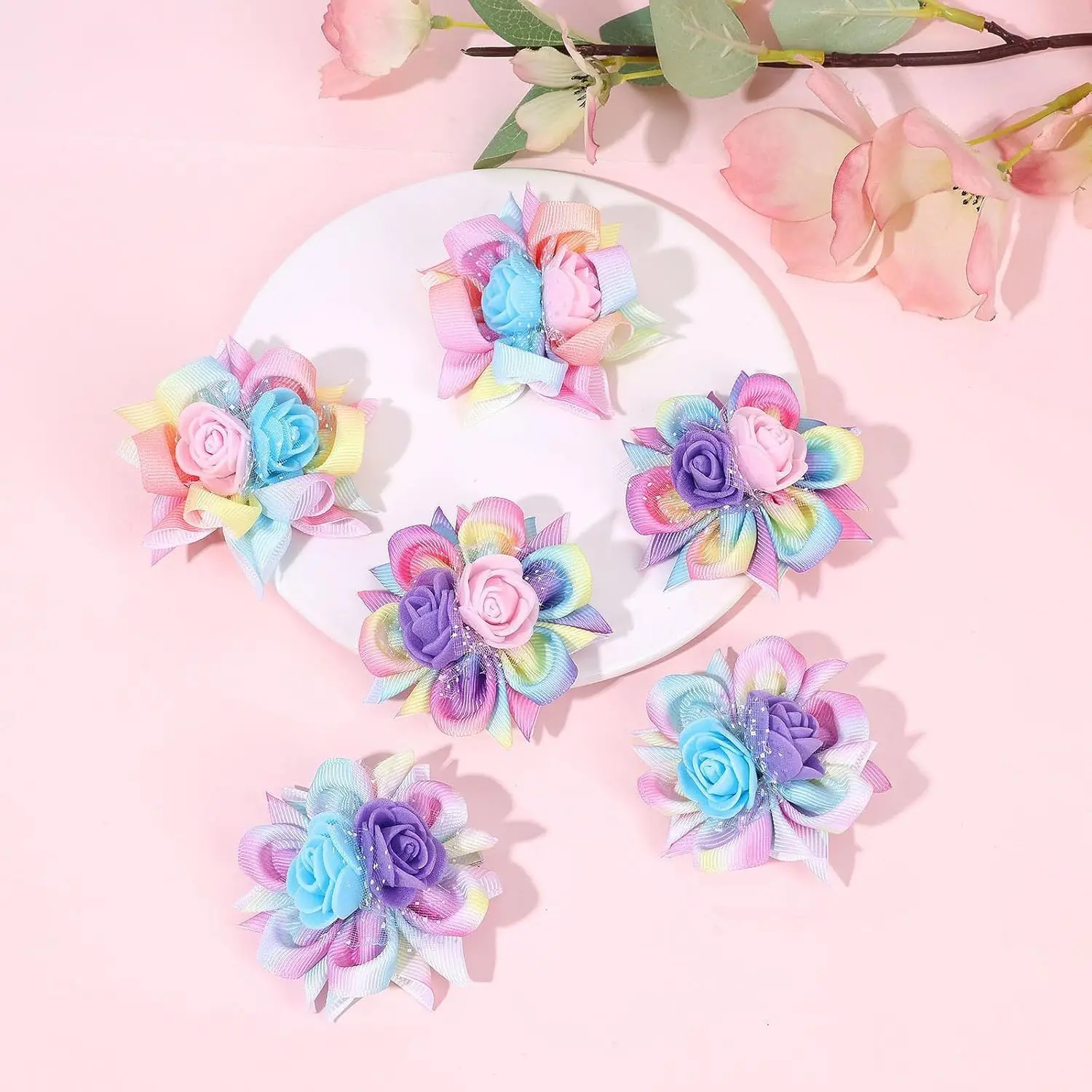 1 Paar Haarspangen mit Farbverlauf für Mädchen, Regenbogen-Blumen, dreidimensionaler Stoff-Haarschmuck, niedliche Seitenklammern, Kinder-Haarspange – Detail 6