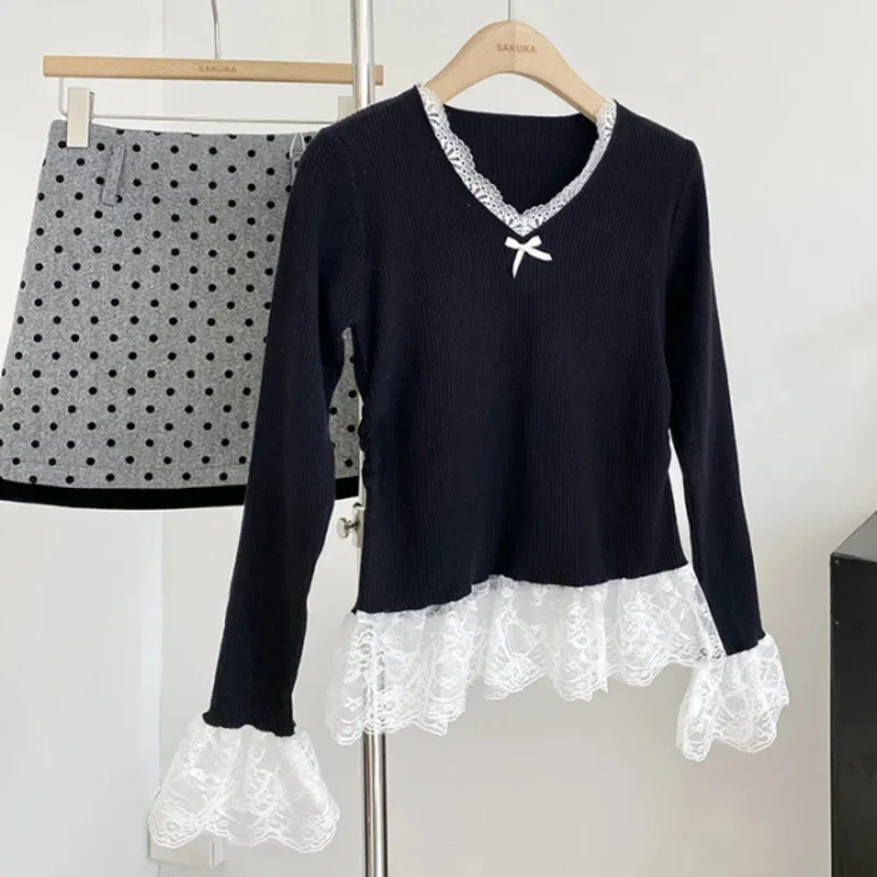 Knit Bow Lace Top Shirt Women Autumn Winter Y2K Gray Sweet Short Style Inner Layer Commute Plong Sleeved Top V-neck Coats New