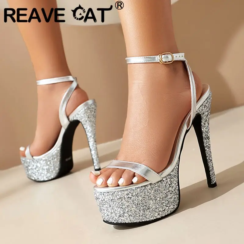 

REAVE CAT 2025 летние женские сандалии с блестящими пряжками на щиколотке и ремешком на шпильке 14,5 см, размер 40 41 42 43, пикантная обувь для вечеринок