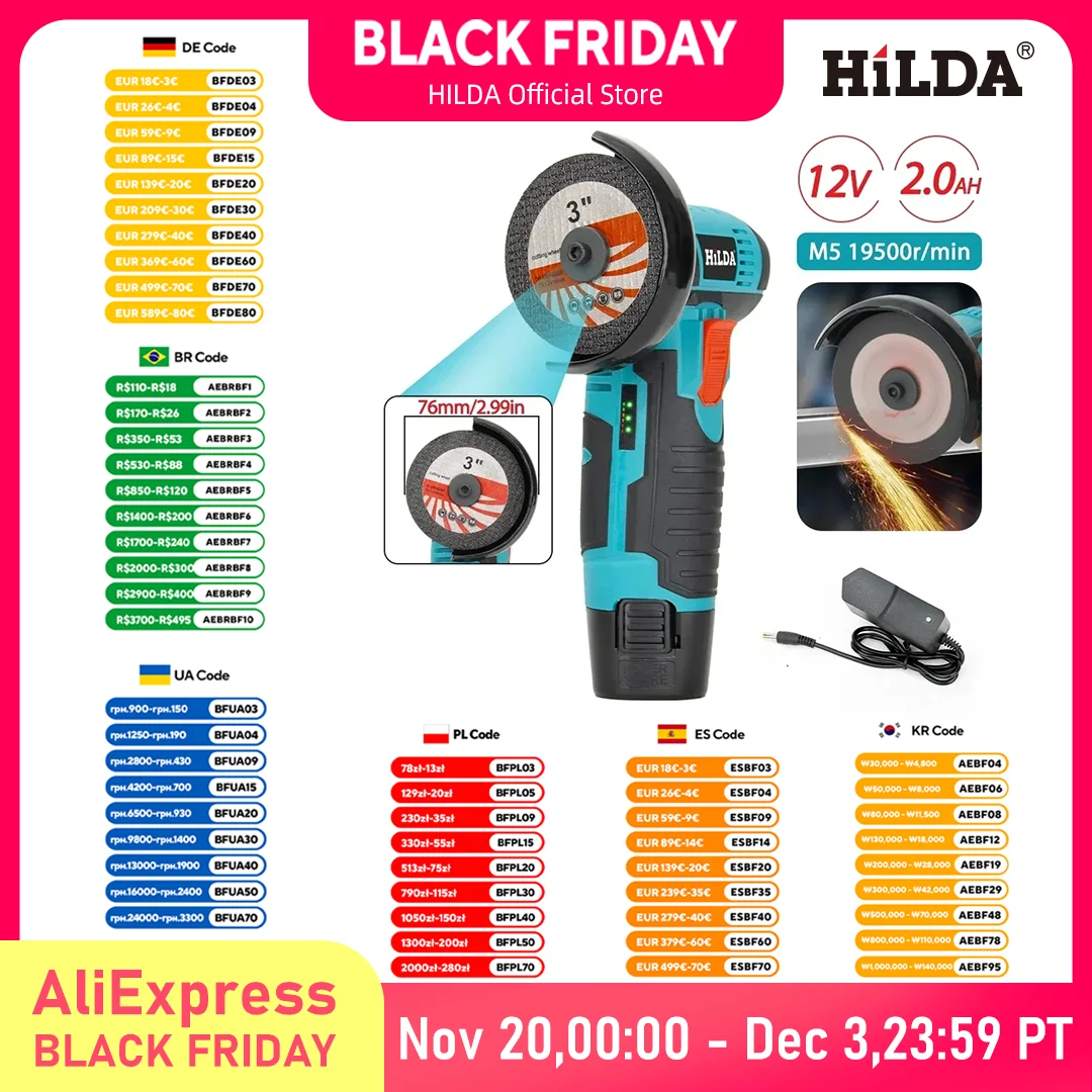 HILDA 12 فولت زاوية طاحونة شحن أداة تجليخ لتلميع وطحن الماس أدوات الطاقة الكهربائية اللاسلكية الصغيرة