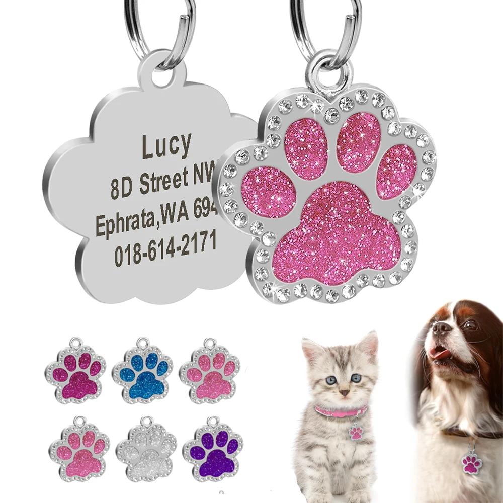 

Personalized Dog ID Tag Glitter Engraved Dogs Name Tags Paw Shape Anti-lost Pet Nameplate Bling Rhinestone Pendant Free Gift