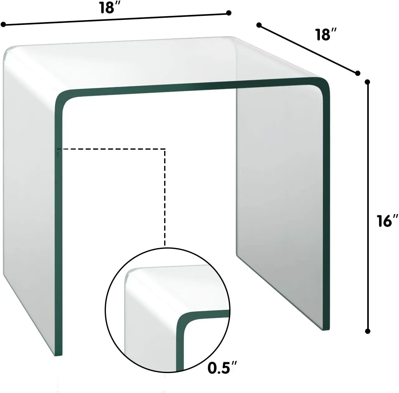 Tempered Glass End Table, Clear Sofa End Tables with Waterfall Edges & Non-Slip Pad, 18 x 18 x 16 inches, No Assembly N