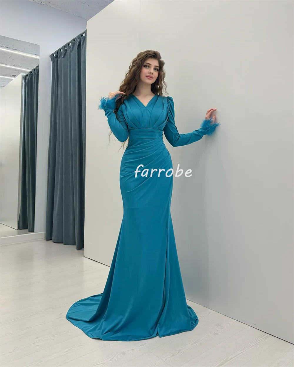 Customized Intricate Jersey Pleat Draped Sash Feather A-line V-neck Long Dresses Bespoke Occasion Dresses Exquisite Formal