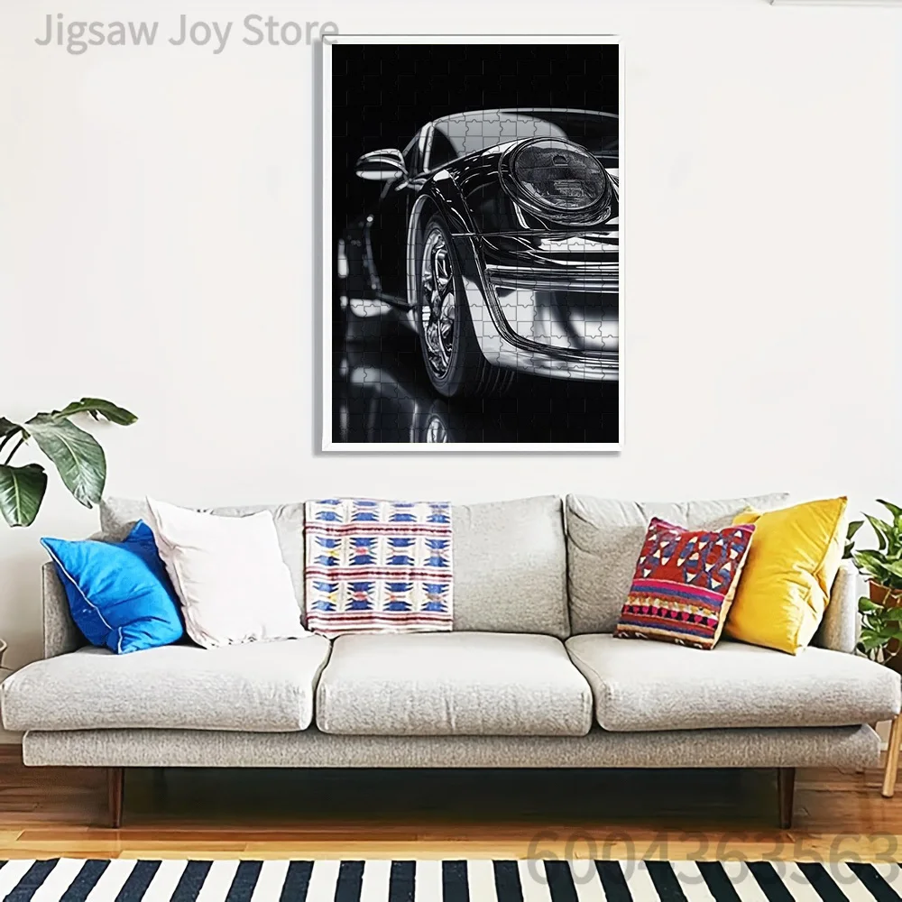 Glossy Black Retro Sports Car Paper Jigsaw Puzzle, Classic Luxury Vehicle Close-up Art Paper Puzzle for Adults, Creative DIY Pap