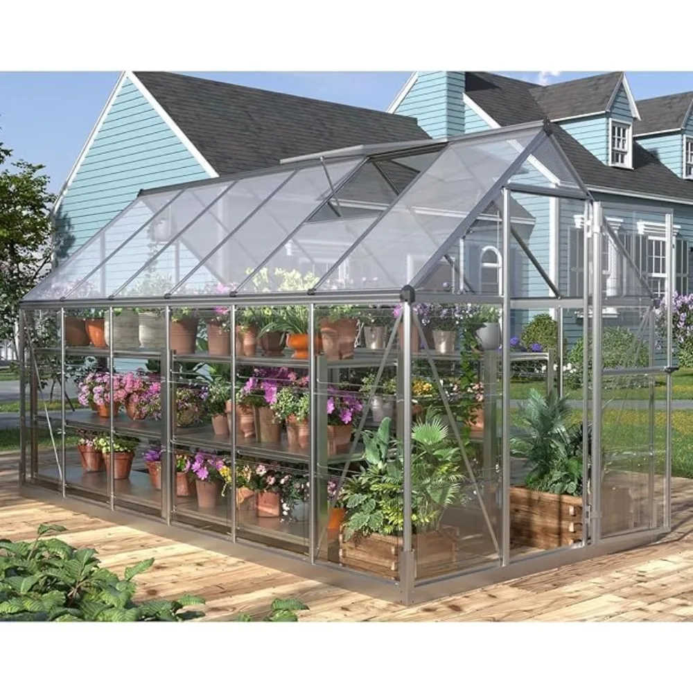 

6x12 FT Greenhouse,Hybrid Polycarbonate,with 2 Vent Window Lockable Hinged Door Aluminum Sun House,Greenhouse