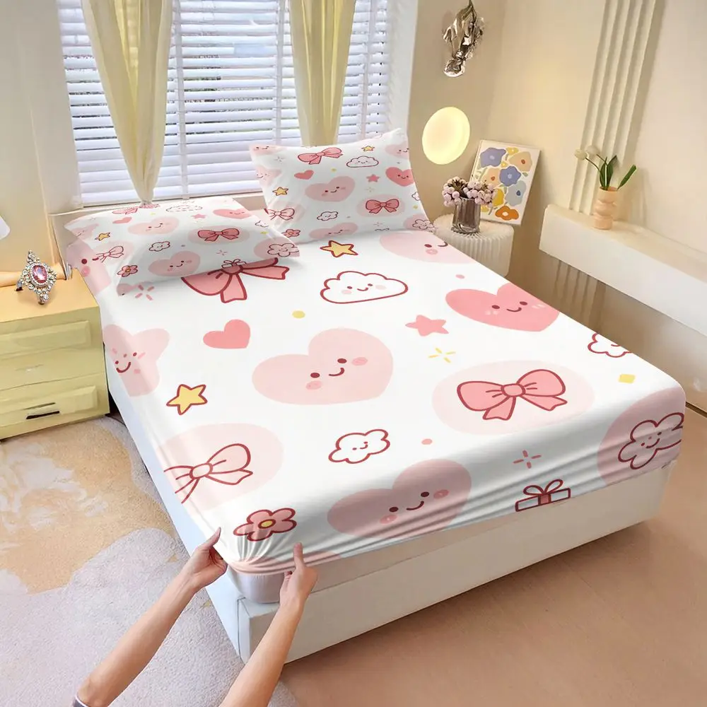 Pink Bow Heart Cartoon Print Fitted Sheet Set Bed Sheet Set Bedding Set No Fillers HD Print Girly Bedroom Sheet