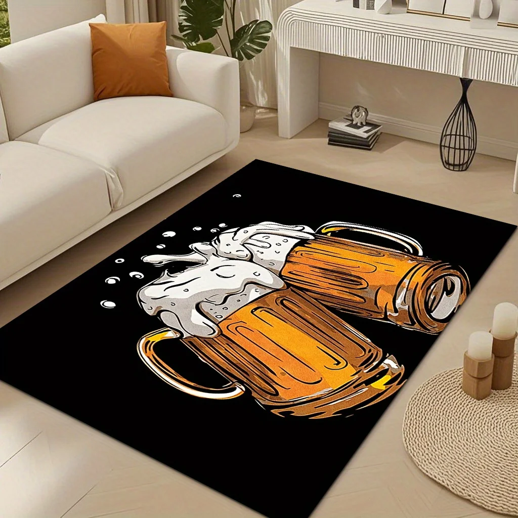 Funny Beer Mug Doormat, Cheers Toast Rug, Black Background Floor Mat, Non-Slip Entryway Carpet, Bar Man Cave Decor