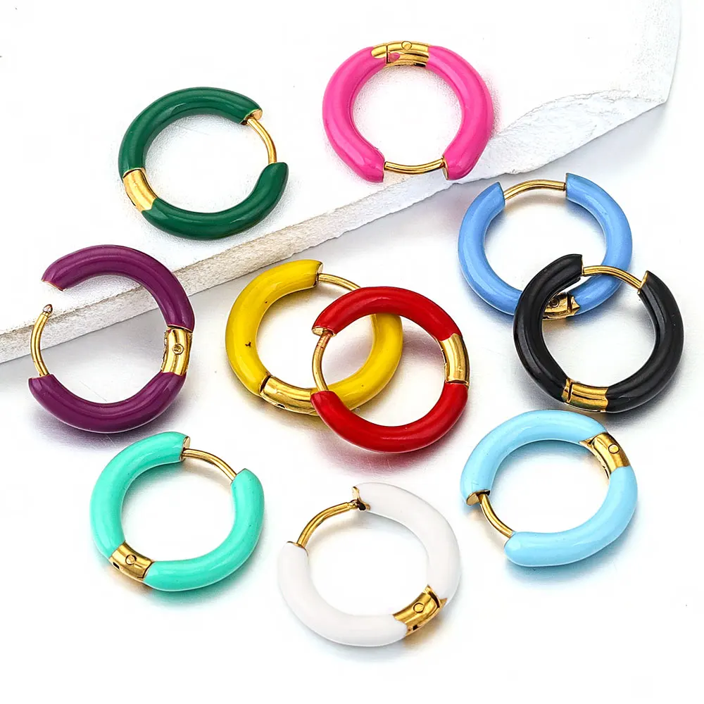 6pcs Stainless Steel Enamel Multicolor Hoop Earrings for Women Dopamine Small Earplugs Pierced Round Thick Jewelry Wholesale