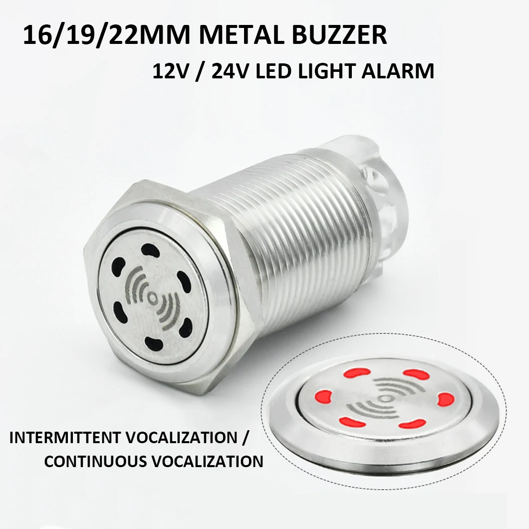 ABILKEEN 16/19/22MM 12/24V Metal LED Light Waring Buzzer with 2Pin Screw Intermittent/Continuous Vocalization Industrial Buzzer