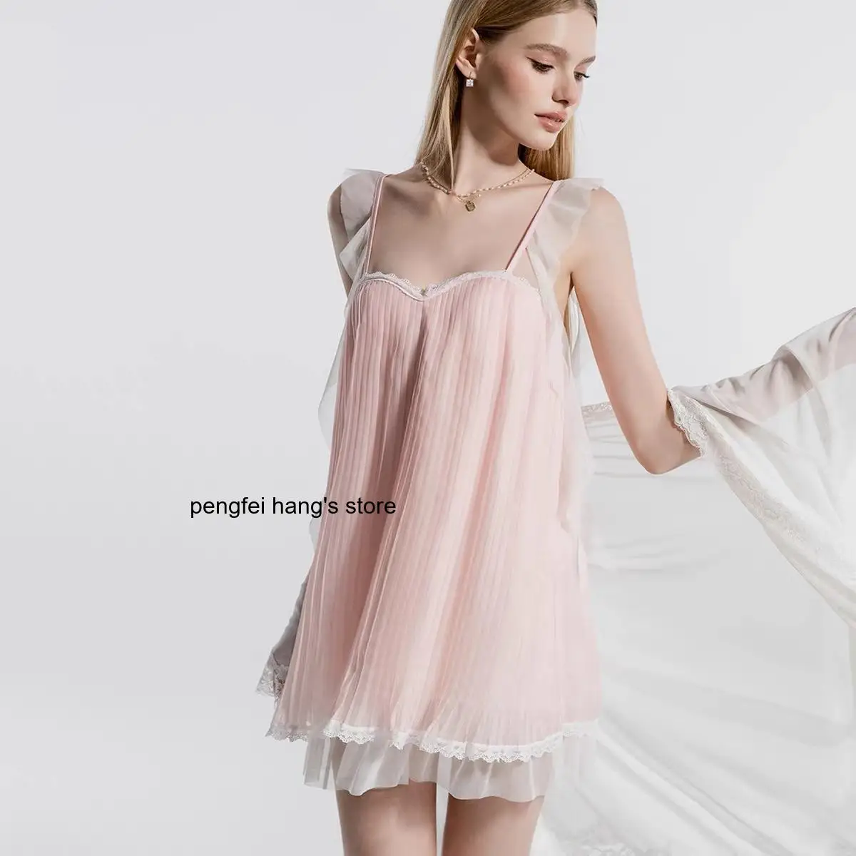Women Pure Desire Sweet Loungewear Set, Chiffon Loose Slip Dress with Built-In Bra Pads, Pleated Nightgown Matching Robe