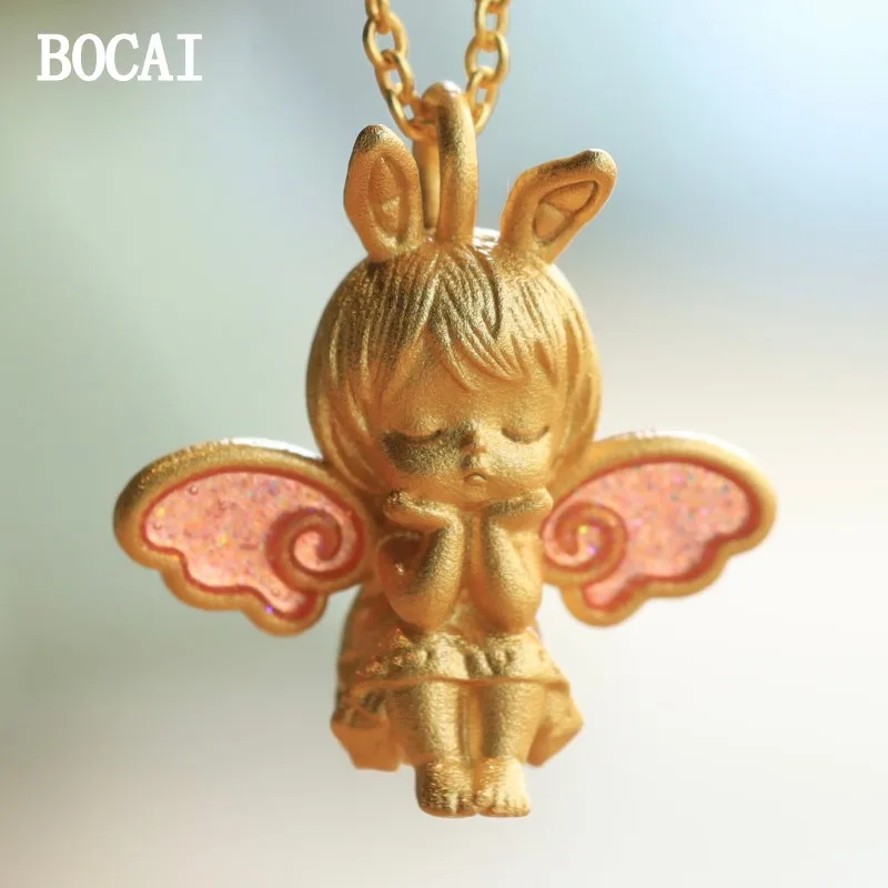 

BOCAI New S925 Sterling Silver Cute Gilded Angel Girl Enamel Wings Rabbit Ear Baby Pendant Female Gift