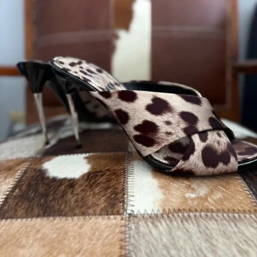 Sexy Style Leopard Print Crisscross Strap Sandals Satin Metallic Silver Stiletto Heel Open-Toe Design Retro Lady Footwear - view 3