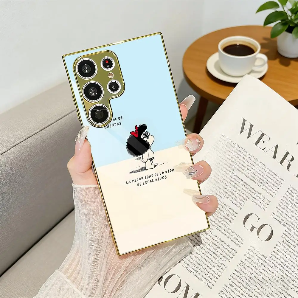 Anime Cartoon M-Mafalda Phone Case Luxury Electroplated Metal Frame Case For Samsung Galaxy S25 S24 S23 Ultra