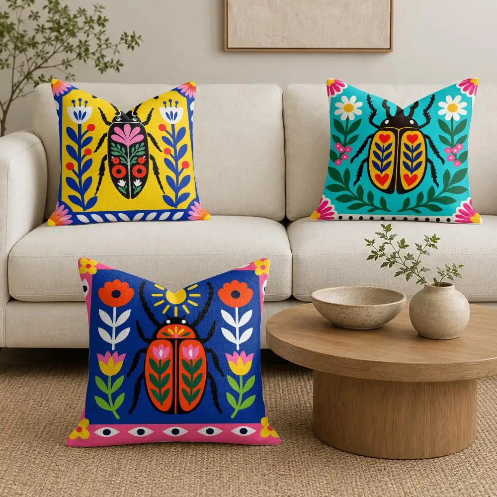 Colorful Beetle Cushion Cover Linen Double-Sided Printed Pillow Case for Sofa Couch Bedroom Living Room