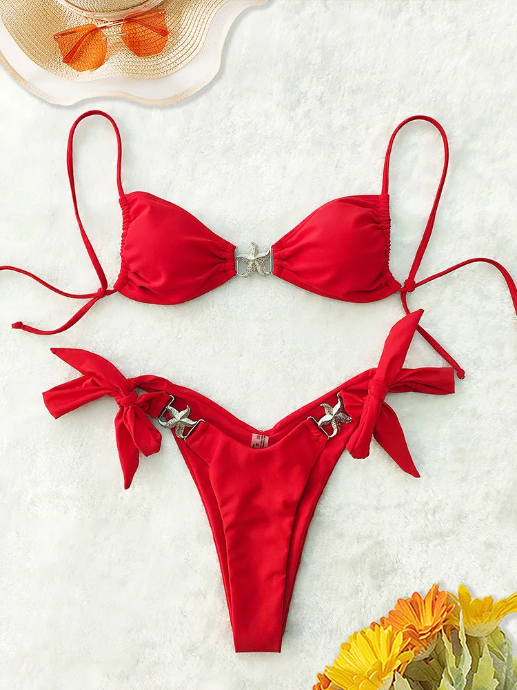 Vzvn 2025 nuevo traje de baño de verano conjunto de Bikini Sexy con cordones Bikini conjunto de 2 piezas mujeres traje de baño dividido cintura alta playa Bikini sin espalda