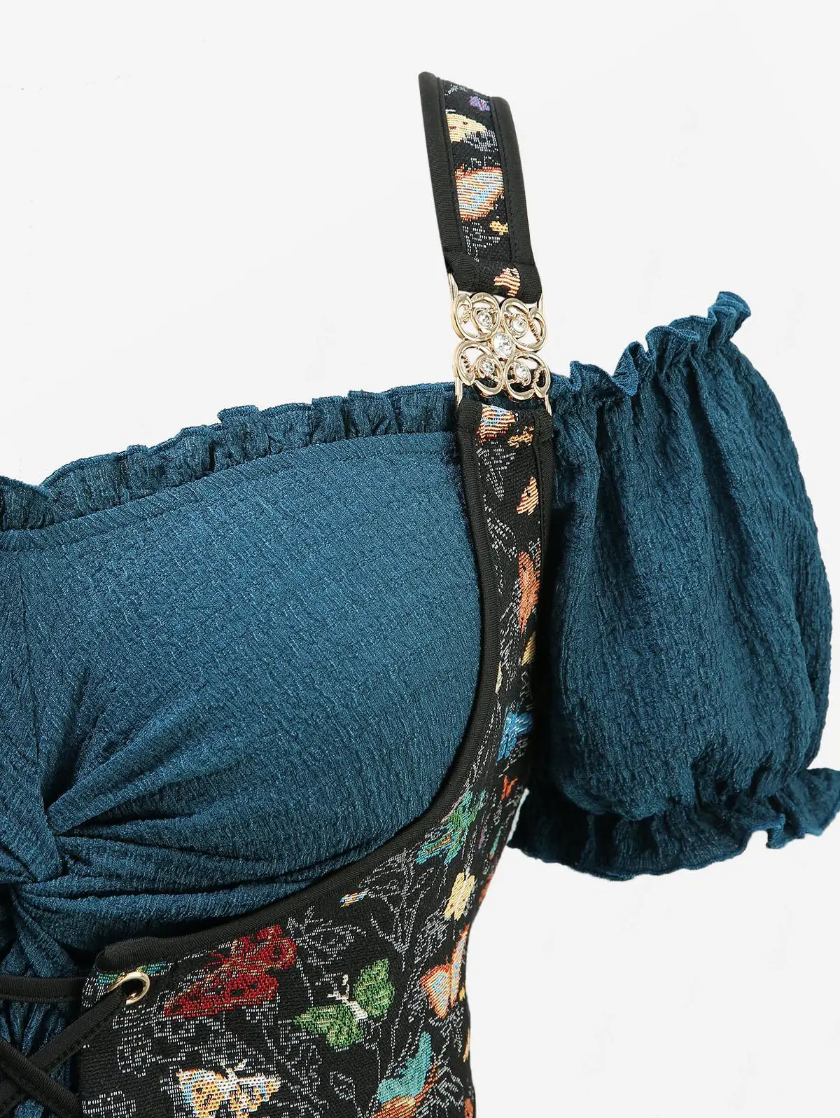 ROSEGAL Plus Size Casual Diepgroene Jurk Vrouwen Koude Schouder Pofmouwen Geborduurd Lace Up Corset Getextureerde 2-in-1 Jurken