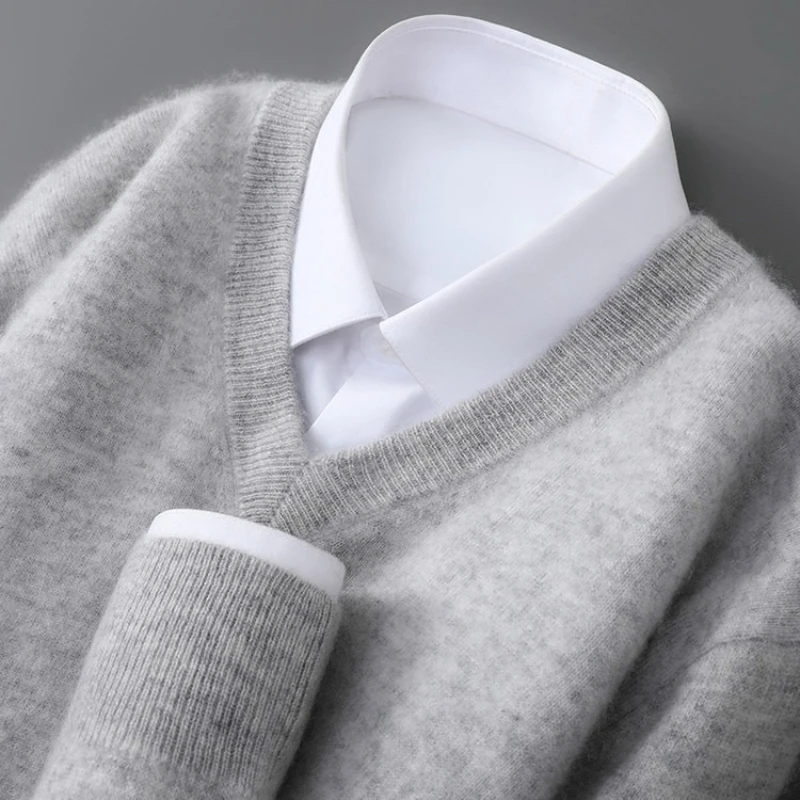 

Men's V-Neck Pure Wool Sweater, 100% Wool Loose Fit, 9 Colors Business Casual High-end Wool Pullover Sweater